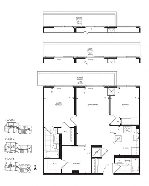 Floor plan for 3 beds, 2 baths, 937 sqft